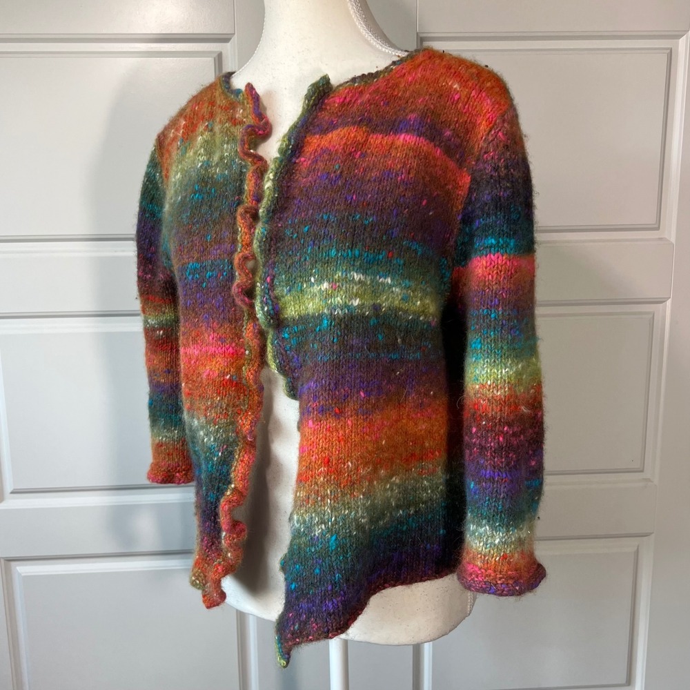 Handmade Knit Cardigan Sweater Womens Small Multicolor Open Front Ruffle - Picture 2 of 8